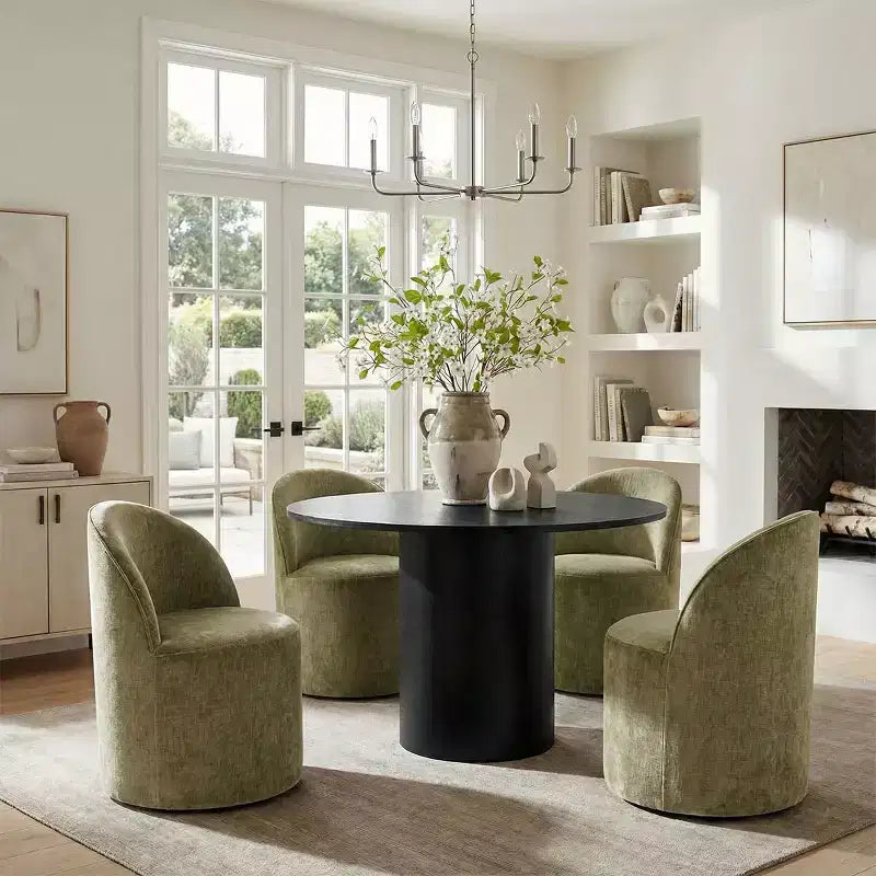Set da Pranzo 5 Pezzi per 4 Persone, Sedie Moderne a Barilotto con Ruote e Rivestimento in Ciniglia, Tavolo Rotondo con Basamento Nero-Panipeachy