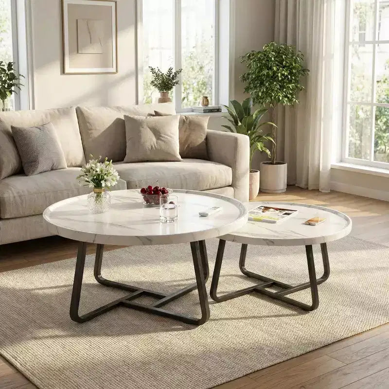 Set di 2 tavolini rotondi a incastro, tavolini piccoli da caffè e laterali in stile Mid-Century per soggiorno, camera da letto, balcone
