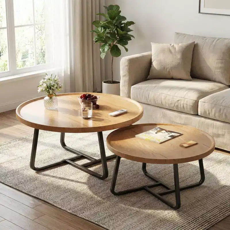Set di 2 tavolini rotondi a incastro, tavolini piccoli da caffè e laterali in stile Mid-Century per soggiorno, camera da letto, balcone