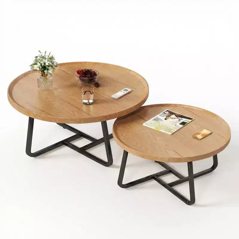 2-Piece Nesting Round Table Set, Mid-Century Style Small Coffee and Side Tables for Living Room Bedroom Balcony