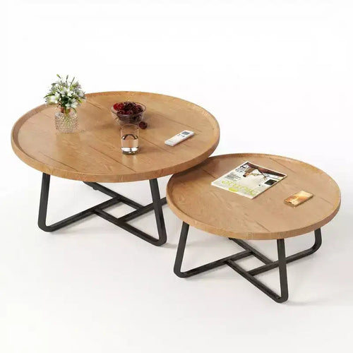 2-Piece Nesting Round Table Set, Mid-Century Style Small Coffee and Side Tables for Living Room Bedroom Balcony