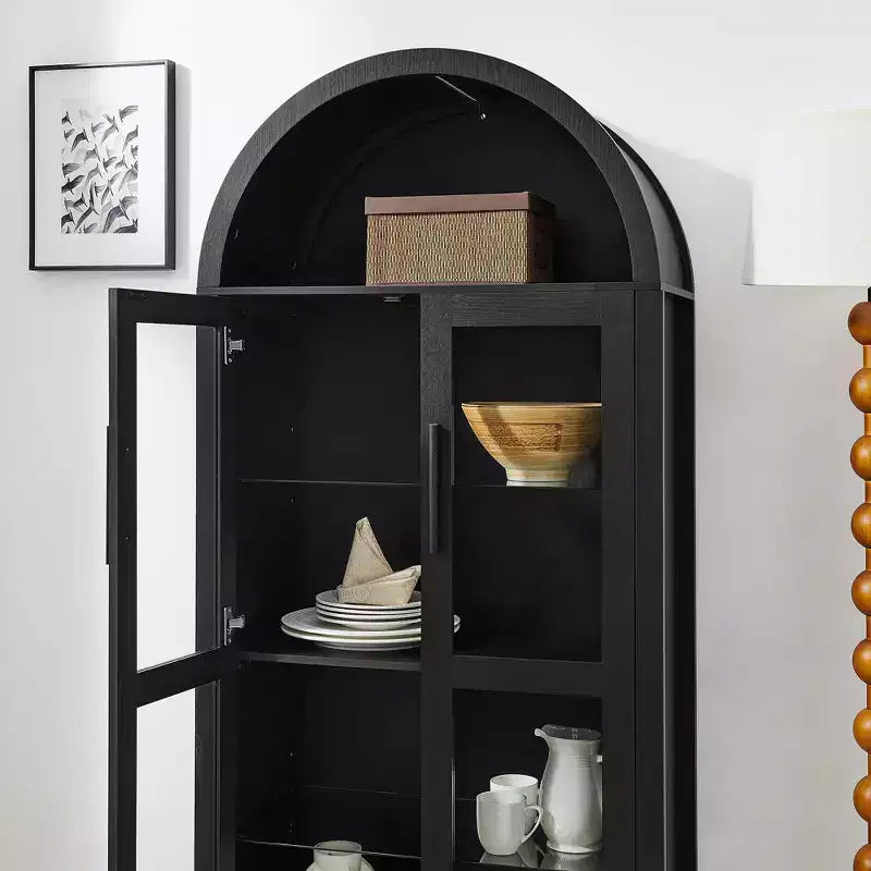 VIYET 67 Mobile Contenitore ad Arco - Lampada a LED, MDF nero, Divisori in vetro regolabili