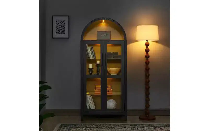VIYET 67 Mobile Contenitore ad Arco - Lampada a LED, MDF nero, Divisori in vetro regolabili