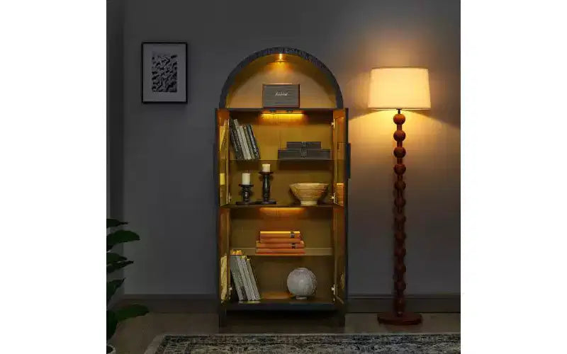 VIYET 67 Mobile Contenitore ad Arco - Lampada a LED, MDF nero, Divisori in vetro regolabili