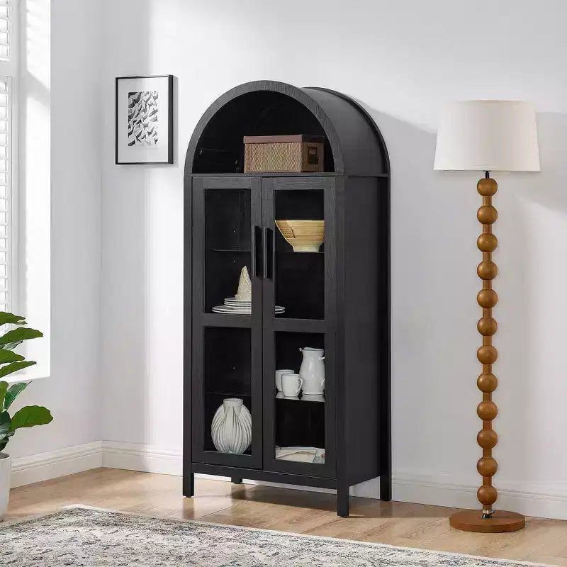 VIYET 67 Mobile Contenitore ad Arco - Lampada a LED, MDF nero, Divisori in vetro regolabili