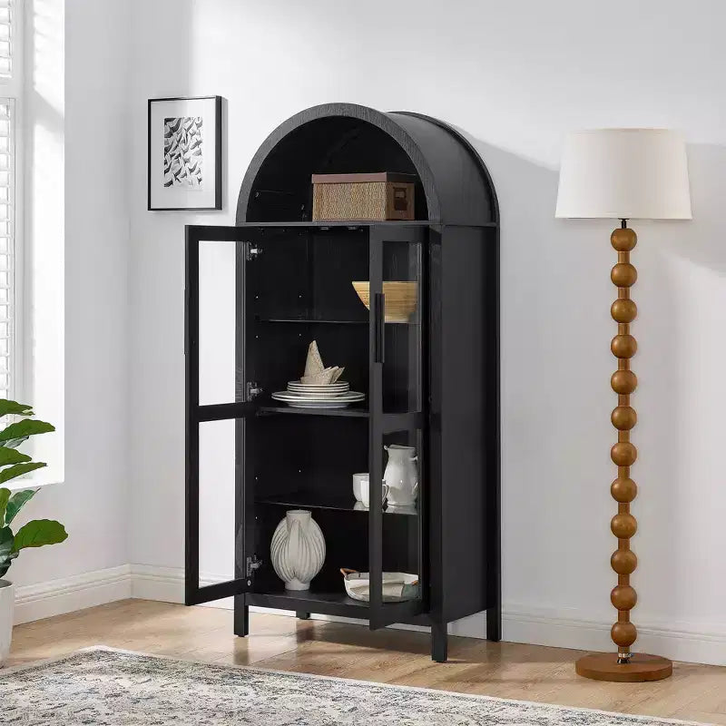VIYET 67 Mobile Contenitore ad Arco - Lampada a LED, MDF nero, Divisori in vetro regolabili
