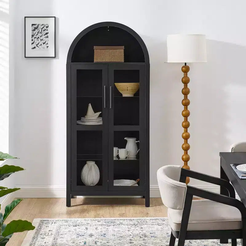 VIYET 67 Mobile Contenitore ad Arco - Lampada a LED, MDF nero, Divisori in vetro regolabili