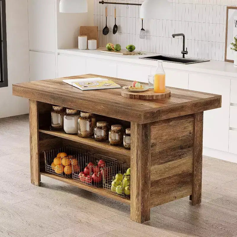 Lantine 55 Inches Kitchen Island with Storage, 3-Tier Wooden Stationary Island Table, Modern Bar Table with Storage Shelf for Kitchen, Rustic Brown