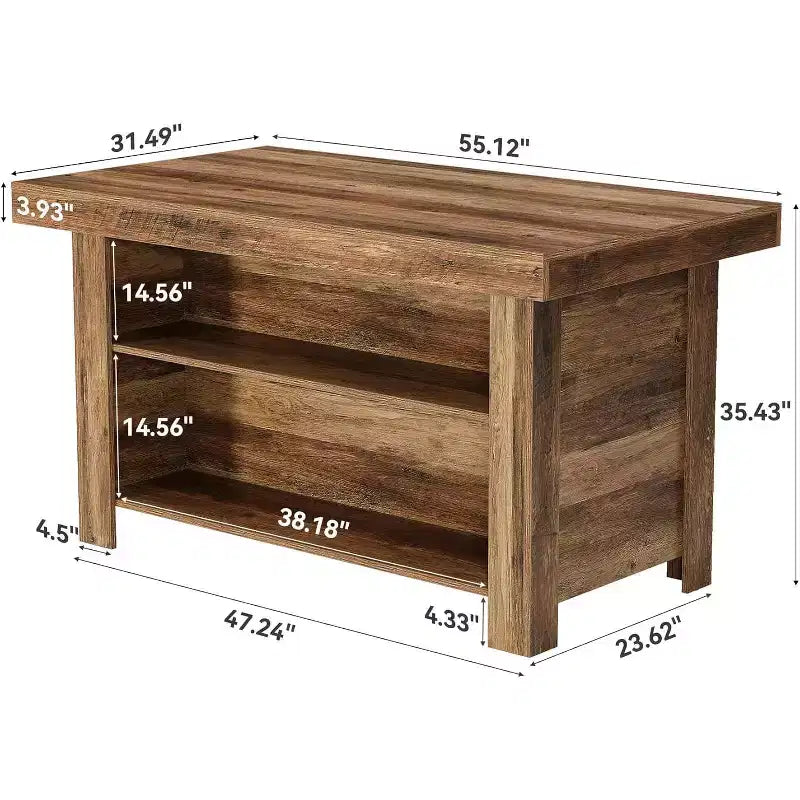 Lantine Isola Cucina con Contenitore, 55 Pollici, Tavolo da Isola Fisso a 3 Livelli in Legno, Tavolo da Bar Moderno con Scaffale di Stoccaggio per Cucina, Marrone Rustico