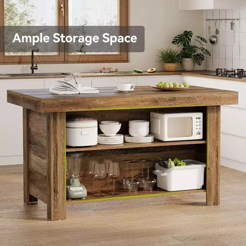 Lantine Isola Cucina con Contenitore, 55 Pollici, Tavolo da Isola Fisso a 3 Livelli in Legno, Tavolo da Bar Moderno con Scaffale di Stoccaggio per Cucina, Marrone Rustico