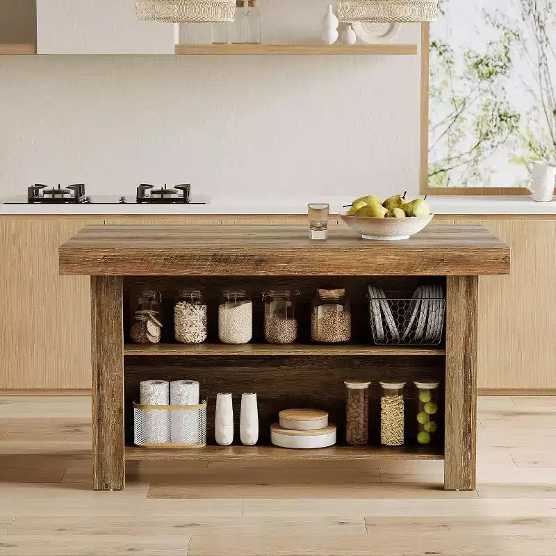 Lantine Isola Cucina con Contenitore, 55 Pollici, Tavolo da Isola Fisso a 3 Livelli in Legno, Tavolo da Bar Moderno con Scaffale di Stoccaggio per Cucina, Marrone Rustico