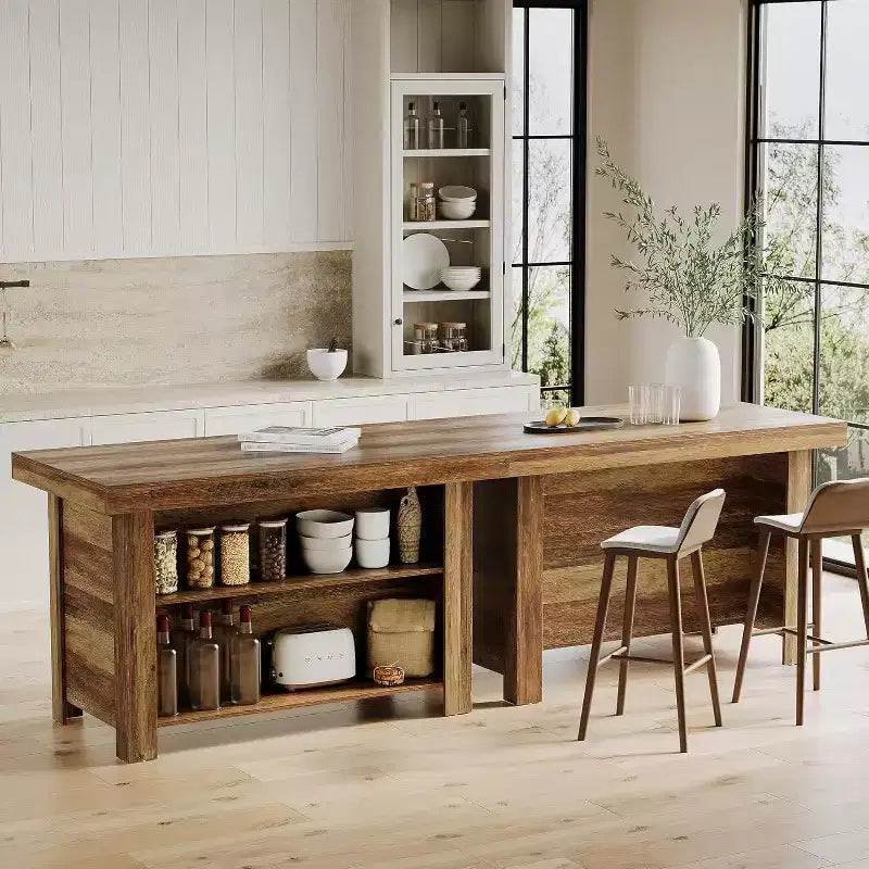 Lantine Isola Cucina con Contenitore, 55 Pollici, Tavolo da Isola Fisso a 3 Livelli in Legno, Tavolo da Bar Moderno con Scaffale di Stoccaggio per Cucina, Marrone Rustico