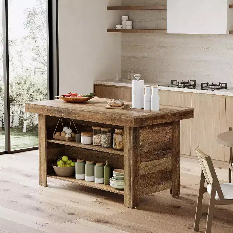 Lantine Isola Cucina con Contenitore, 55 Pollici, Tavolo da Isola Fisso a 3 Livelli in Legno, Tavolo da Bar Moderno con Scaffale di Stoccaggio per Cucina, Marrone Rustico