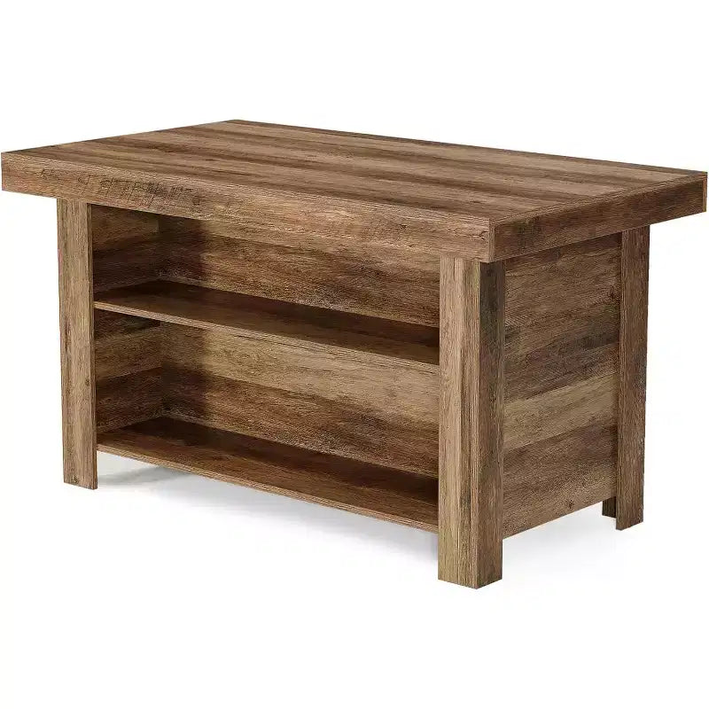 Lantine Isola Cucina con Contenitore, 55 Pollici, Tavolo da Isola Fisso a 3 Livelli in Legno, Tavolo da Bar Moderno con Scaffale di Stoccaggio per Cucina, Marrone Rustico