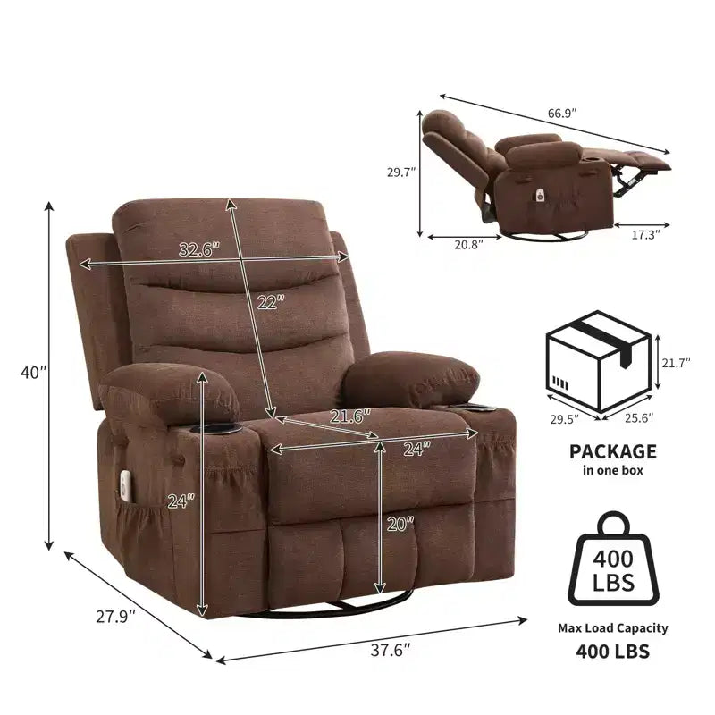 Poltrona reclinabile girevole a 360° con massaggio e riscaldamento, extra large - Sedia da salotto ergonomica con portabicchieri, tasche laterali per soggiorno, cameretta