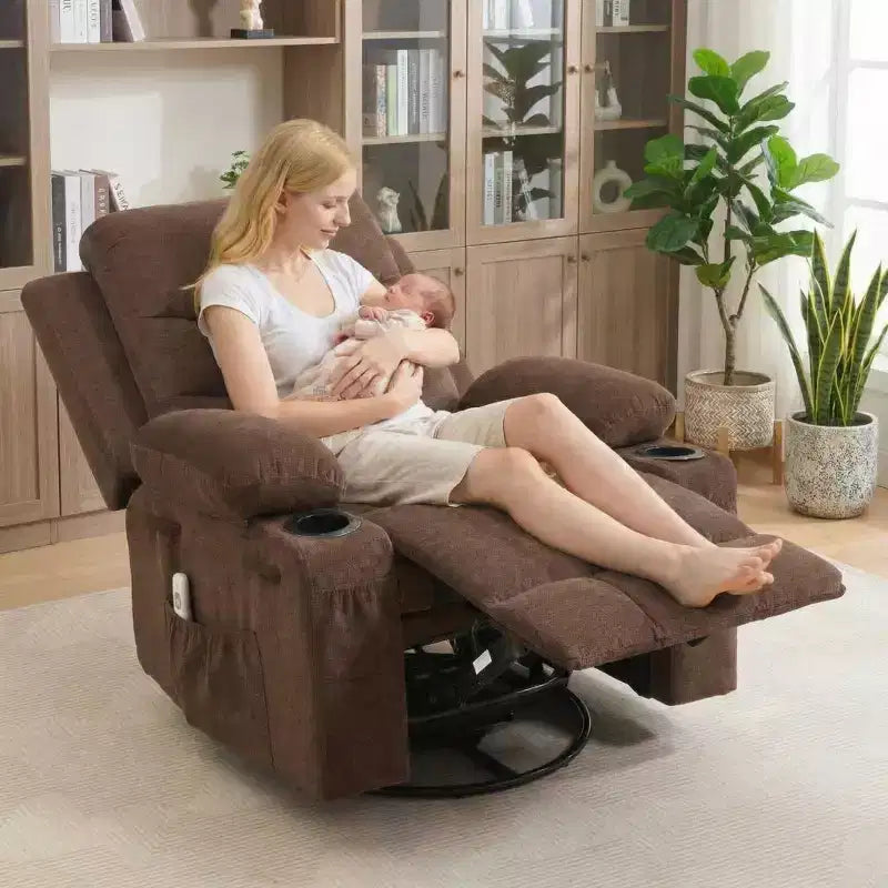 Poltrona reclinabile girevole a 360° con massaggio e riscaldamento, extra large - Sedia da salotto ergonomica con portabicchieri, tasche laterali per soggiorno, cameretta