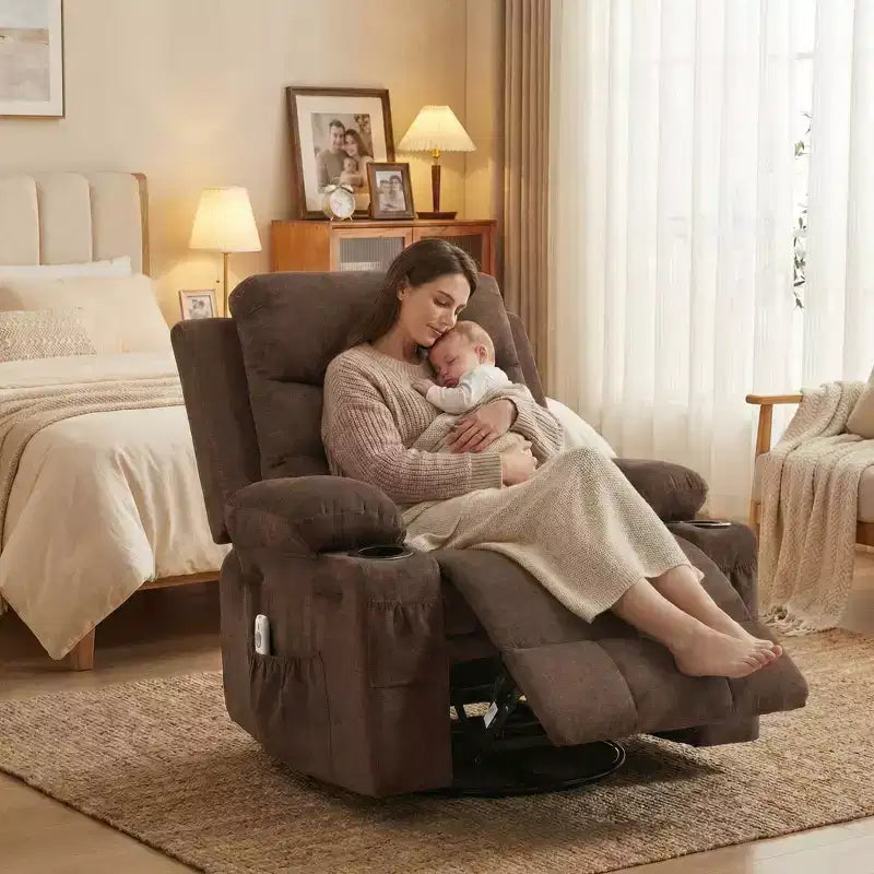 Poltrona reclinabile girevole a 360° con massaggio e riscaldamento, extra large - Sedia da salotto ergonomica con portabicchieri, tasche laterali per soggiorno, cameretta