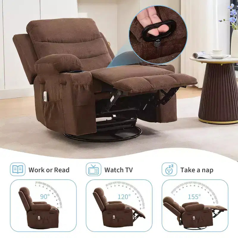 Poltrona reclinabile girevole a 360° con massaggio e riscaldamento, extra large - Sedia da salotto ergonomica con portabicchieri, tasche laterali per soggiorno, cameretta
