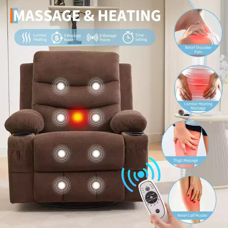 Poltrona reclinabile girevole a 360° con massaggio e riscaldamento, extra large - Sedia da salotto ergonomica con portabicchieri, tasche laterali per soggiorno, cameretta