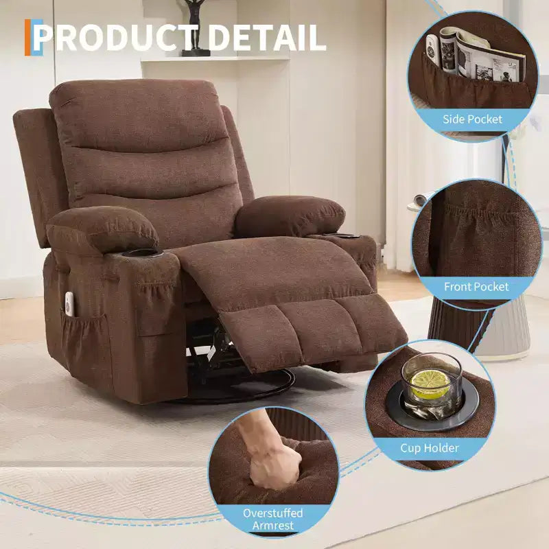Poltrona reclinabile girevole a 360° con massaggio e riscaldamento, extra large - Sedia da salotto ergonomica con portabicchieri, tasche laterali per soggiorno, cameretta