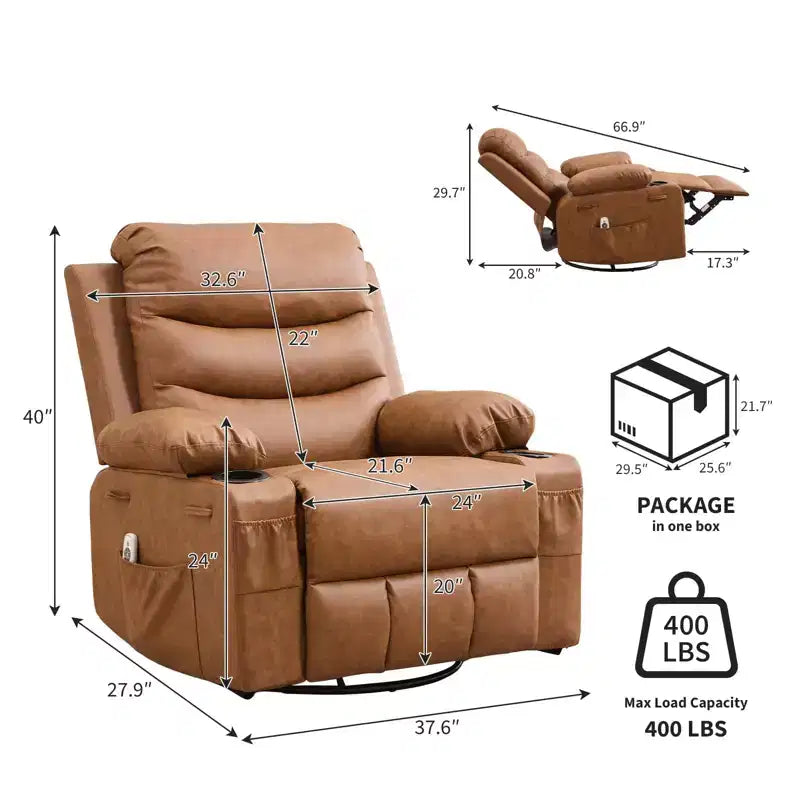 Poltrona reclinabile girevole a 360° con massaggio e riscaldamento, extra large - Sedia da salotto ergonomica con portabicchieri, tasche laterali per soggiorno, cameretta