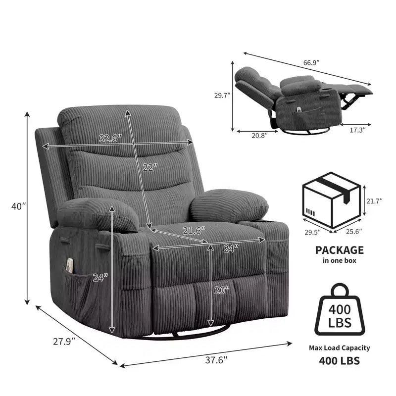 Poltrona reclinabile girevole a 360° con massaggio e riscaldamento, extra large - Sedia da salotto ergonomica con portabicchieri, tasche laterali per soggiorno, cameretta
