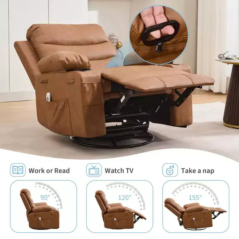Poltrona reclinabile girevole a 360° con massaggio e riscaldamento, extra large - Sedia da salotto ergonomica con portabicchieri, tasche laterali per soggiorno, cameretta