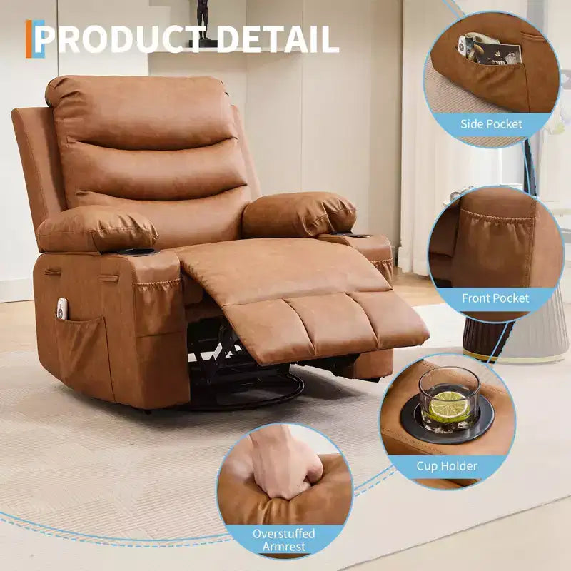 Poltrona reclinabile girevole a 360° con massaggio e riscaldamento, extra large - Sedia da salotto ergonomica con portabicchieri, tasche laterali per soggiorno, cameretta