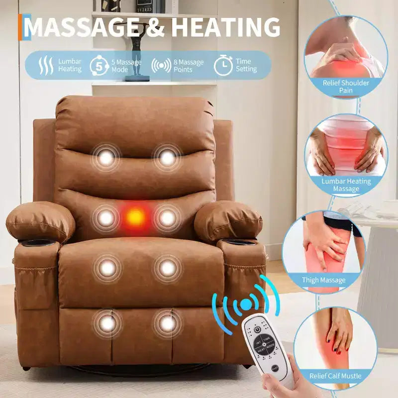 Poltrona reclinabile girevole a 360° con massaggio e riscaldamento, extra large - Sedia da salotto ergonomica con portabicchieri, tasche laterali per soggiorno, cameretta