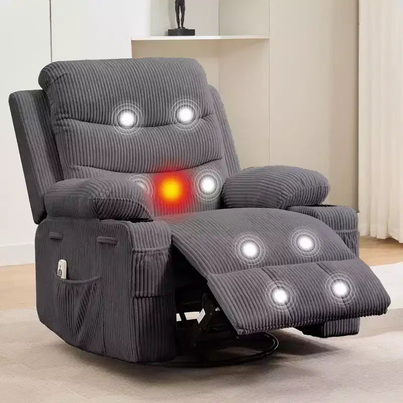 Poltrona reclinabile girevole a 360° con massaggio e riscaldamento, extra large - Sedia da salotto ergonomica con portabicchieri, tasche laterali per soggiorno, cameretta