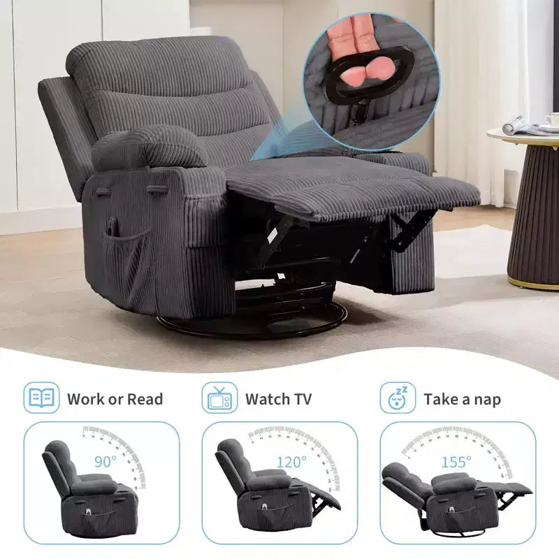 Poltrona reclinabile girevole a 360° con massaggio e riscaldamento, extra large - Sedia da salotto ergonomica con portabicchieri, tasche laterali per soggiorno, cameretta
