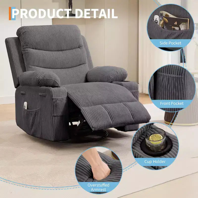 Poltrona reclinabile girevole a 360° con massaggio e riscaldamento, extra large - Sedia da salotto ergonomica con portabicchieri, tasche laterali per soggiorno, cameretta