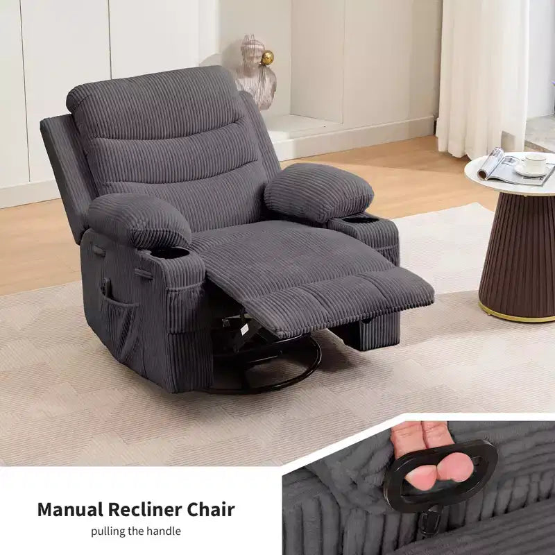 Poltrona reclinabile girevole a 360° con massaggio e riscaldamento, extra large - Sedia da salotto ergonomica con portabicchieri, tasche laterali per soggiorno, cameretta