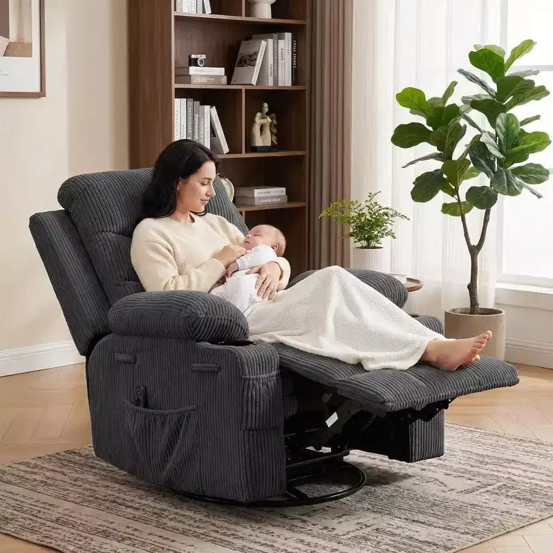 Oversized 360 Swivel Rocker Recliner with Massage & Heat - Ergonomic Lounge Chair with Cup Holders, Side Pockets for Living Room, Nursery