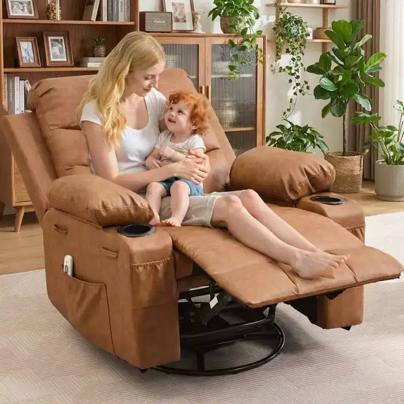 Poltrona reclinabile girevole a 360° con massaggio e riscaldamento, extra large - Sedia da salotto ergonomica con portabicchieri, tasche laterali per soggiorno, cameretta