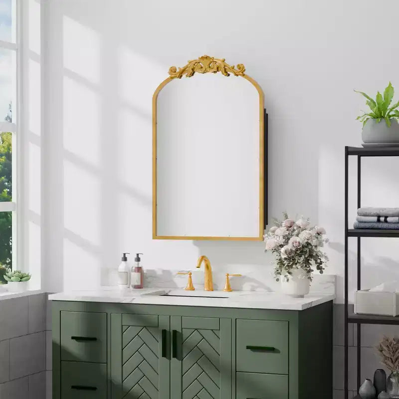 19.5 x 29.64 Inch Gold Arch Wrought Iron Framed Medicine Cabinet With Mirror Carved Mirror Cabinet For Bathroom