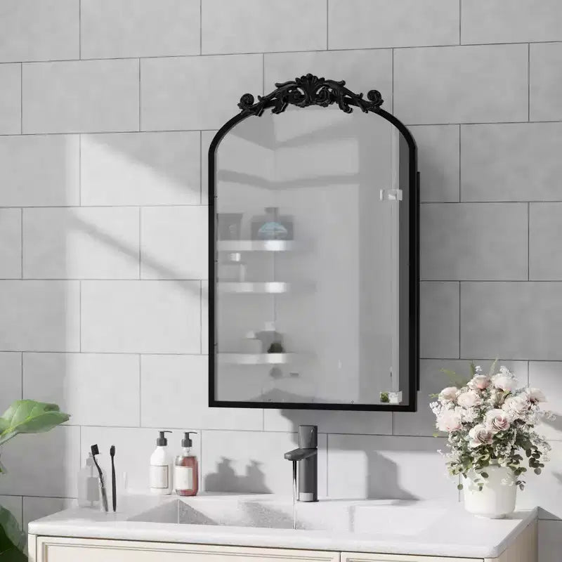Armadietto per medicinali con cornice ad arco in ferro battuto dorato da 19,5 x 29,64 pollici con specchio, armadietto a specchio intagliato per bagno