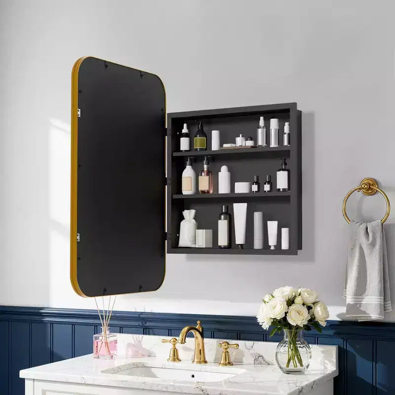 Mobiletto a specchio con cornice rettangolare arrotondata in ferro battuto bianco da 19,5 x 29,64 pollici, mobiletto a specchio da parete per bagno