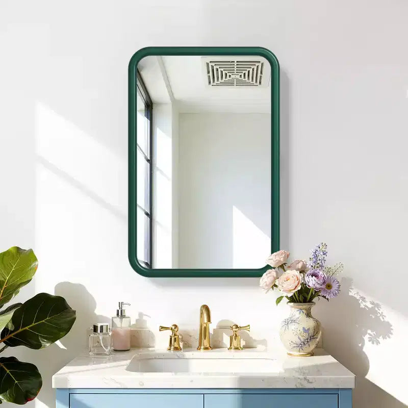 Mobiletto a specchio con cornice rettangolare arrotondata in ferro battuto bianco da 19,5 x 29,64 pollici, mobiletto a specchio da parete per bagno