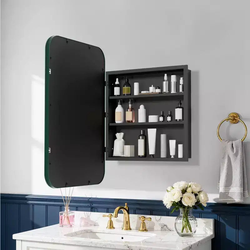 Mobiletto a specchio con cornice rettangolare arrotondata in ferro battuto bianco da 19,5 x 29,64 pollici, mobiletto a specchio da parete per bagno