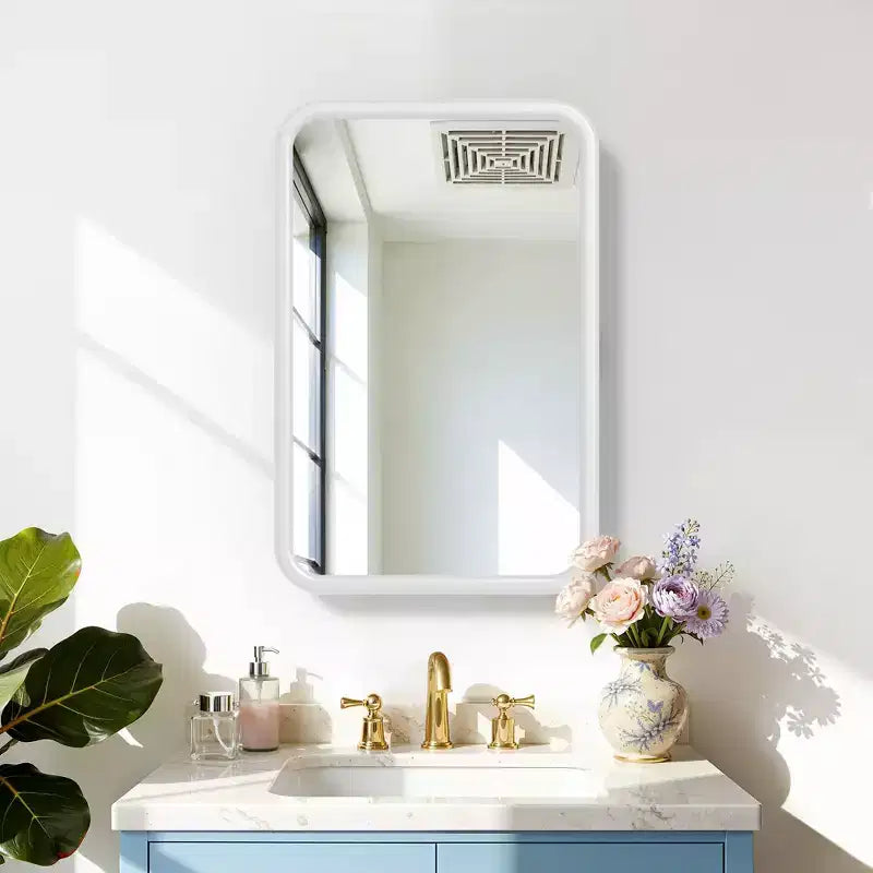 Mobiletto a specchio con cornice rettangolare arrotondata in ferro battuto bianco da 19,5 x 29,64 pollici, mobiletto a specchio da parete per bagno