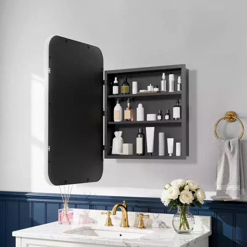 Mobiletto a specchio con cornice rettangolare arrotondata in ferro battuto bianco da 19,5 x 29,64 pollici, mobiletto a specchio da parete per bagno