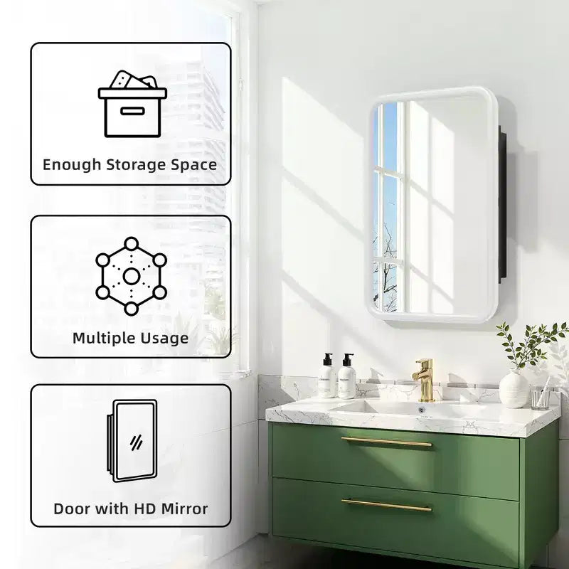 Mobiletto a specchio con cornice rettangolare arrotondata in ferro battuto bianco da 19,5 x 29,64 pollici, mobiletto a specchio da parete per bagno