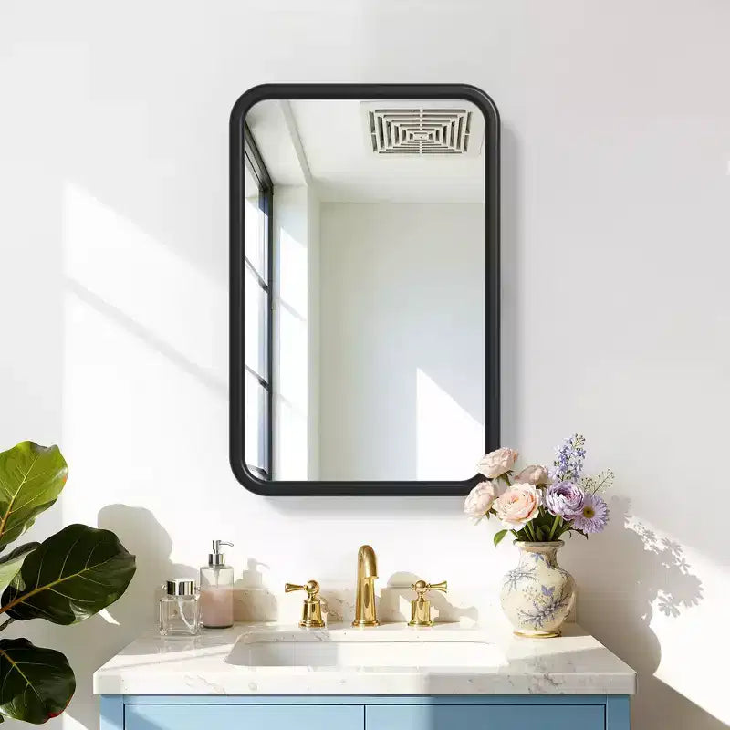 Mobiletto a specchio con cornice rettangolare arrotondata in ferro battuto bianco da 19,5 x 29,64 pollici, mobiletto a specchio da parete per bagno