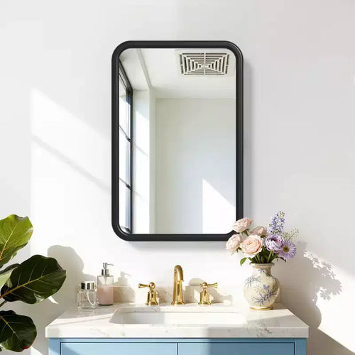 Mobiletto a specchio con cornice rettangolare arrotondata in ferro battuto bianco da 19,5 x 29,64 pollici, mobiletto a specchio da parete per bagno