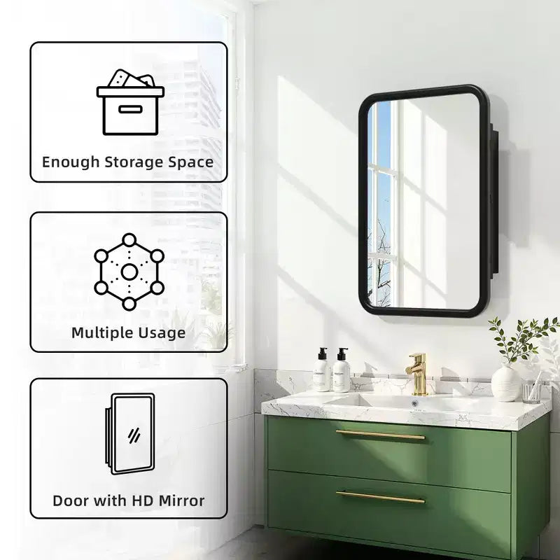 Mobiletto a specchio con cornice rettangolare arrotondata in ferro battuto bianco da 19,5 x 29,64 pollici, mobiletto a specchio da parete per bagno