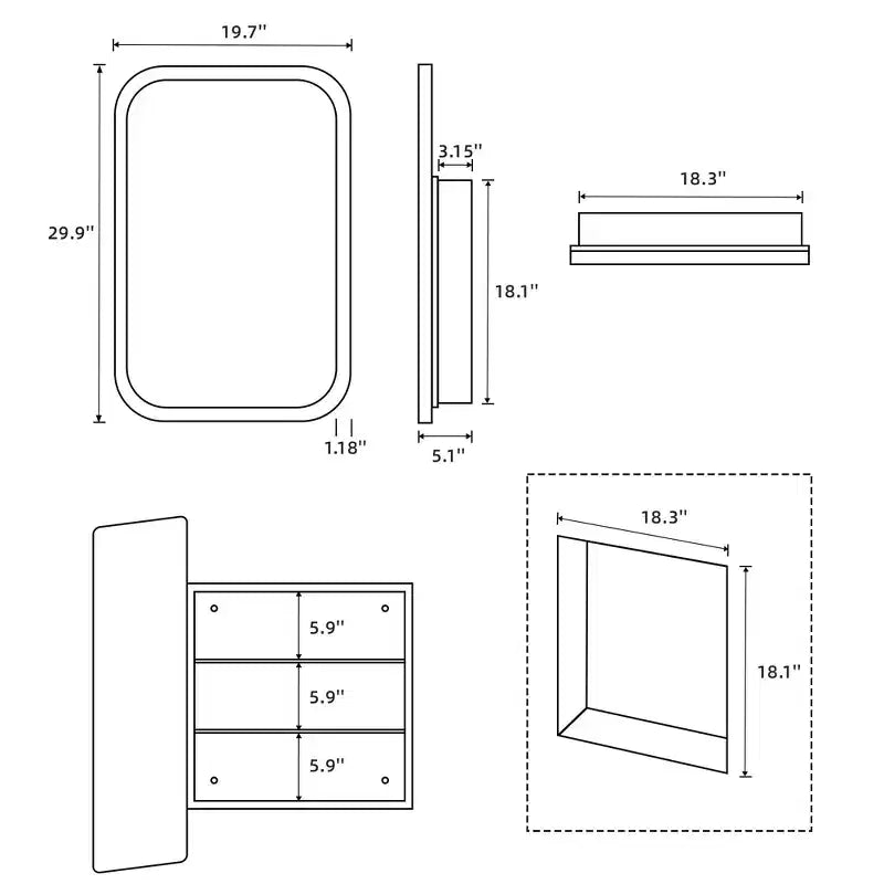 Mobiletto a specchio con cornice rettangolare arrotondata in ferro battuto bianco da 19,5 x 29,64 pollici, mobiletto a specchio da parete per bagno