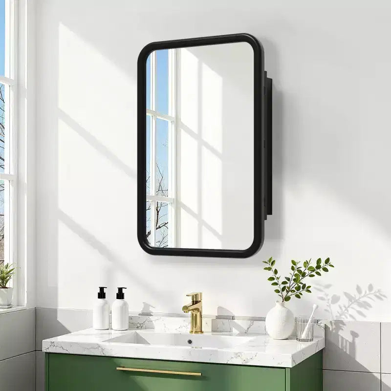 Mobiletto a specchio con cornice rettangolare arrotondata in ferro battuto bianco da 19,5 x 29,64 pollici, mobiletto a specchio da parete per bagno