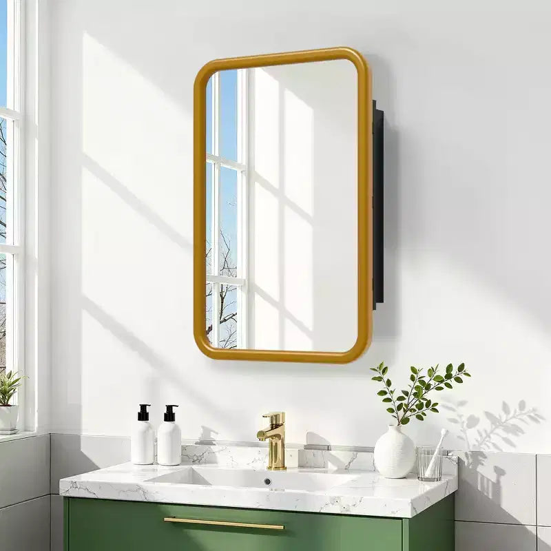 Mobiletto a specchio con cornice rettangolare arrotondata in ferro battuto bianco da 19,5 x 29,64 pollici, mobiletto a specchio da parete per bagno