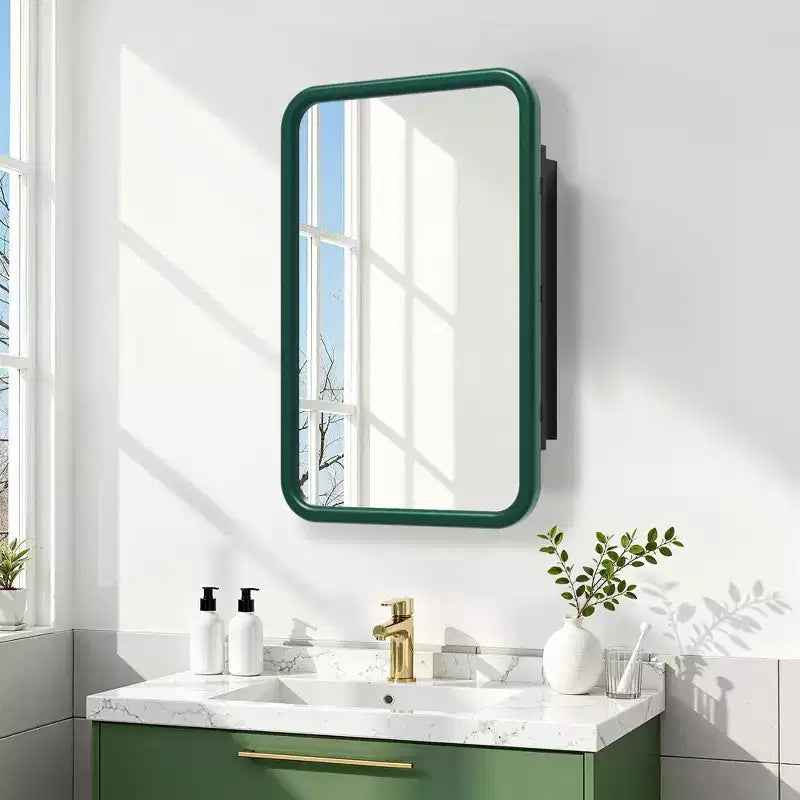 Mobiletto a specchio con cornice rettangolare arrotondata in ferro battuto bianco da 19,5 x 29,64 pollici, mobiletto a specchio da parete per bagno